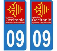 Lot 2 Autocollants Stickers plaque immatriculation voiture auto département 09 Ariège Logo Région Occitanie