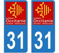 Lot 2 Autocollants Stickers plaque immatriculation voiture auto département 31 Haute-Garonne Logo Région Occitanie