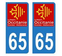 Lot 2 Autocollants Stickers plaque immatriculation voiture auto département 65 Hautes-Pyrénées Logo Région Occitanie