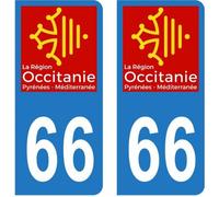 Lot 2 Autocollants Stickers plaque immatriculation voiture auto département 66 Pyrénées-Orientales Logo Région Occitanie