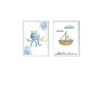 Lot 2 Cadres Muraux Enfant Poulpe Et Bateau Multi Coloured TU