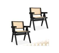 Chaises de salle à manger - TECTAKE - Lot de 2 fauteuils LISSY style boho avec cannage viennois en bois et accoudoirs - Noir