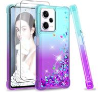 Lot 2 Coques + Verre Trempé Pour Xiaomi Poco X5 Pro 5g / Redmi Note 12 Pro ¿ Silicone Gel Tpu Transparent Antichoc, Motif Liquide Paillettes Kawaii Turquoise & Violet