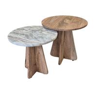 Lot 2 de tables basses rondes plateaux acacia et marbre pieds centraux en acacia - OASIS