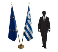 Lot 2 drapeaux - Grèce & Union Européenne - Mâts inox élégants, pieds solides et socles décoratifs - Idéal pour intérieur, institutions, écoles et bureaux. Code CN8-EU-GR-L