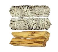 Lot 2 fagots de Sauge Blanche + 2 bâtonnets de Palo Santo - Sauge Naturelle 25-30g (+/- 10 cm) - Purification, Bien-Être & Harmonie - Encens Naturel pour la Maison, Méditation, Yoga Apaisante