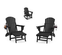Lot 2 fauteuils basculants Adirondack jardin pliables repose-pieds extensible, 2 porte-gobelets HDPE avec pouf, noir