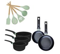Lot 2 Poêles 16/20cm et 3 Casseroles 16/18/20cm Fackelmann Brandao avec 5 ustensiles Océan