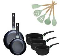 Lot 2 Poêles 20/24cm et 3 Casseroles 16/18/20cm Fackelmann Brandao avec 5 ustensiles Océan