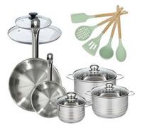 Lot 2 Poêles 20/28cm et 3 Faitouts 16/20/24cm Fackelmann Etherna avec 5 ustensiles Ocean