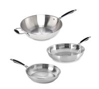 Lot 2 poêles tout inox 24 et 28 cm et wok tout inox 30 cm Excell'Inox Mathon