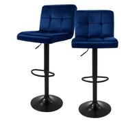 ML-Design Lot de 2 Tabourets de Bar en Velours, Bleu, Chaise Rembourrée avec Dossier et Repose-Pieds, Réglable en Hauteur 63-83 cm, Pivotante à 360°, Tabouret de Comptoir, Cuisine, Pub, Bar de Maison