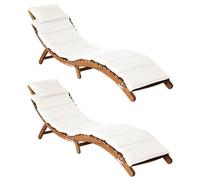 Lot 2 Transats Bois Acacia Massif Avec Coussins Crème Blanc Pliables
