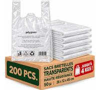 Lot 200 sacs de caisse à bretelle transparent réutilisables 50 microns | Sacs de courses solides avec soufflet | Règlementation CE 2016 | Primeurs, marchés, commerces (TRANSPARENT, 26 + 12 x 45)