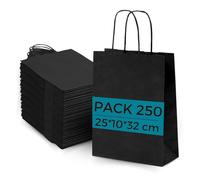 Lot 250 Sacs Papier Kraft Noir avec Anses 25x10x32cm - Sac pour Shopping Cadeaux Mariages