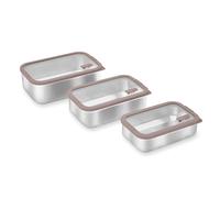 Lot 3 boîtes de conservation rectangulaires en inox avec couvercles en verre 700 ml, 1L et 1,65 L compatibles micro-ondes Mathon