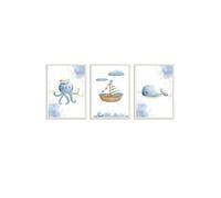 Lot 3 Cadres Muraux Enfant Poulpe, Bateau Et Baleine Multi Coloured TU