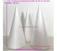 Lot 3 Cones en polystyrène plein de 40 cm de haut, Présentoirs à macarons, Diamètre de base 18 cm, Styro blanc - Unique