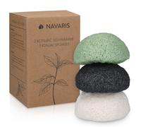Navaris Éponge konjac - Lot 3 éponges de konjac pour visage tout type de peau 1x charbon actif 1x thé vert 1x blanche - 100% naturel biodégradable