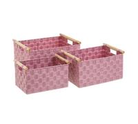 Lot 3 panier de rangement tressé avec poignée, caisse de rangement rectangulaire en polypropylène coloris rose -JUANIO-