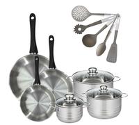 Lot 3 Poêles Inox 20/24/28cm Geneva & 3 Faitouts 16/20/24cm avec 5 Ustensiles Fackelmann