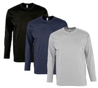 Lot 3 T-Shirts Manches Longues Homme - Noir Gris Bleu Marine