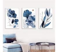Lot 3 Tableaux Feuilles Abstraites Bleues Bohèmes Impressions D'Art Mural Géométrique Affiches Peinture Toile Images Œuvre D'Art Salon Cuisine Chambre Coucher Décoration - 40*50Cm (Sans Cadre)