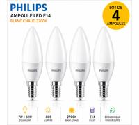 Lot 4 Ampoules LED Philips E14 7W=60W 806lm Blanc Chaud 2700K Bougie Éco