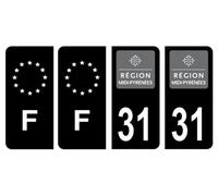 Lot 4 Autocollants plaque d'immatriculation Département 31 Haute-Garonne Ancienne Région Midi-Pyrénées Noir & F France Europe