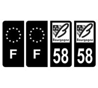 Lot 4 Autocollants plaque d'immatriculation Département 58 Nièvre Ancienne Région Bourgogne Noir & F France Europe