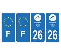 Lot 4 Autocollants plaque immatriculation département 26 Drôme Région Auvergne-Rhône-Alpes & F France Europe