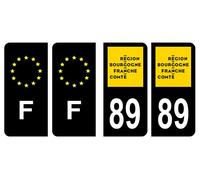 Lot 4 Autocollants plaque immatriculation département 89 Yonne Bourgogne-Franche-Comté Noir Couleur & F France Europe