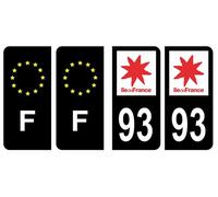 Lot 4 Autocollants plaque immatriculation département 93 Seine-Saint-Denis Région Ile-de-France Noir Couleur & F France Europe