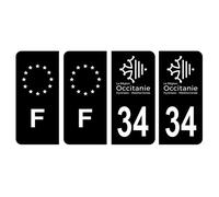 Lot 4 Autocollants plaque immatriculation voiture auto département 34 Hérault Logo Région Occitanie Noir & F France Europe