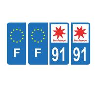 Lot 4 Autocollants plaque immatriculation voiture auto département 91 Essonne Logo Région Ile-de-France & F France Europe