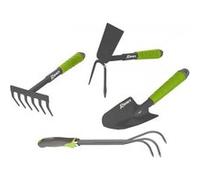 Lot 4 outils de jardinage, Griffe 3 dents, serfouette, rateau, transplantoir pour fleurs