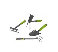 Lot 4 outils de jardinage, Griffe 3 dents, serfouette, rateau, transplantoir pour fleurs