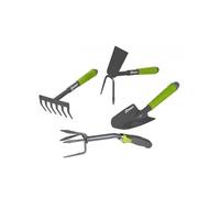 Lot 4 outils de jardinage, Griffe 4 dents, serfouette, rateau, transplantoir pour fleurs