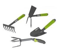 Lot 4 outils de jardinage, Griffe 4 dents, serfouette, rateau, transplantoir pour fleurs