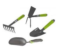 Lot 4 outils de jardinage, Pelle à terreau, serfouette, rateau, transplantoir pour fleurs