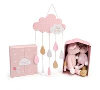 Lot 4 pièces bébé rose - Mobile nuage, boîtes de rangement souvenir et duo de peluches