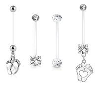 Lot 4 Piercings Nombril Grossesse Pieds Bébé Maternité Longue Barre Acrylique Bioflex Argenté Blanc LOVEPIERCING