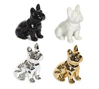 Lot 4 Statuettes Déco Mini Bulldog 10 cm - Sculptures Chiens Céramique - Modernes et Élégantes - Coloris Blanc, Noir, Argent et