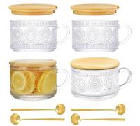 Lot 4 Tasses Thé Verre avec Cuillères en Couvercle Bambou, Tasse Café Gaufré Vintage avec Poignée, Tasse Petit-Déjeuner pour Céréales, Yaourt, Lait, Tasse Transparent pour Anniversaire, Noël Cadeau