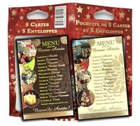 LOT 5 Cartes Dorées assorties Bonne Année Menu de Fêtes 8,5x13,5cm + 5 Enveloppes Blanches 9x14cm pour Présenter vos Vœux et Souhaiter de Joyeuses Fêtes de Fin d'Année Table Réveillon Pochette P5-466