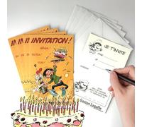 Lot 5 Cartes Invitation Anniversaire Gaston Lagaffe +5 Enveloppes Blanches 9x14cm - Texte Je t'invite pour ... (souffler mes bougies) le (date) à (heure) adresse Fête Goûter Gâteau Bulles IV5020 S5
