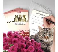 Lot 5 Cartes "Invitation" Chat Chatons Animaux Avec 5 Enveloppes Blanches 9x14cm - Texte Je t'invite pour ... le (date) à (heure) adresse - Fête, Goûter, Anniversaire, Fleurs Roses pour Fille - IV5021