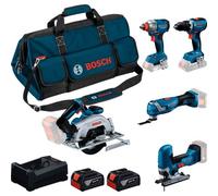 Lot 5 outils 18V 0615A500BV : Perceuse-visseuse GSR 18V-65 + Visseuse et boulonneuse à chocs GDX 18V-285 + Scie circulaire GKS 18V-57-2 + Scie sauteuse GST 18V-125 S + Outil multifonctions OP 18V-34
