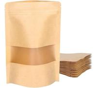 Lot 50 sachets papier kraft auto-portants - Sacs refermables à zip avec fenêtre transparente - Poches alimentaires ré-scellables pour café, snacks, thé et pâtisseries (18X26CM)