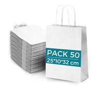 Lot 50 Sacs Papier Kraft Blanc avec Anses 25x10x32cm - Sac pour Shopping Cadeaux Mariages